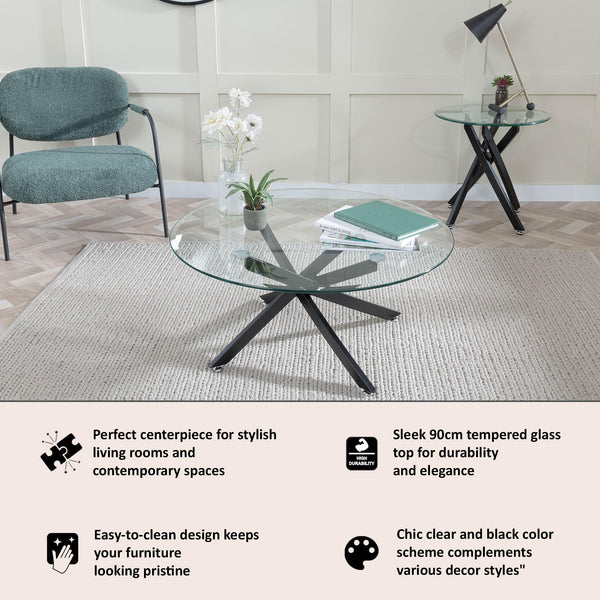 Sutton Clear Glass and Black Round Coffee Table - 90cm Tempered Top