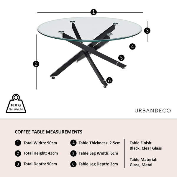 Sutton Clear Glass and Black Round Coffee Table - 90cm Tempered Top
