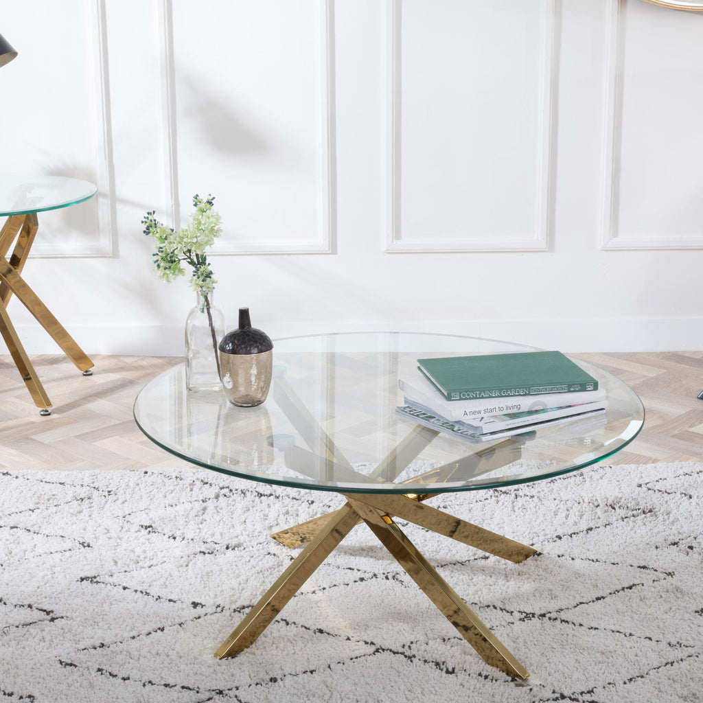 Sutton Clear Glass and Gold Round Coffee Table - 90cm Tempered Top