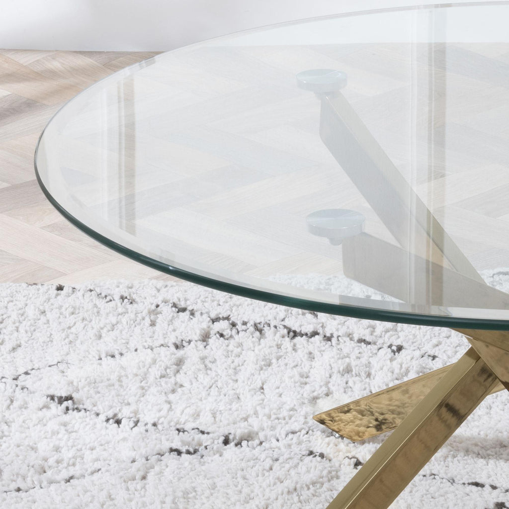Sutton Clear Glass and Gold Round Coffee Table - 90cm Tempered Top