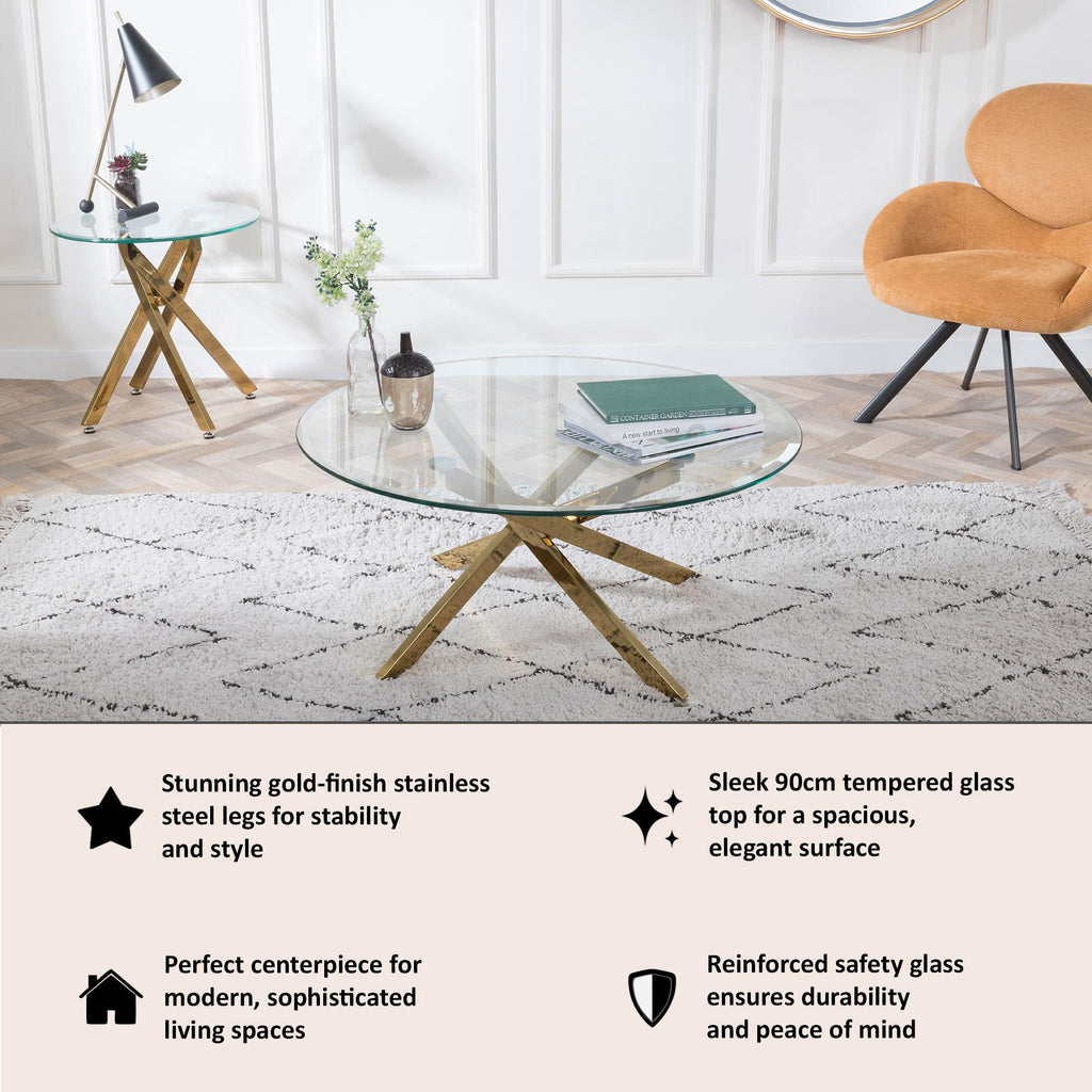 Sutton Clear Glass and Gold Round Coffee Table - 90cm Tempered Top