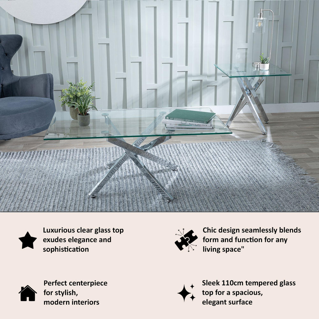 Sutton Clear Glass and Chrome Coffee Table - 110cm Tempered Top