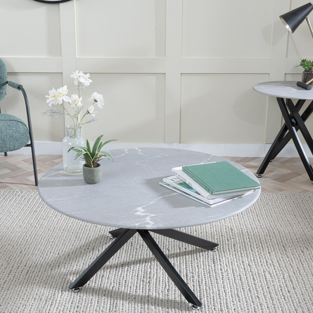 Sutton Grey and Black Round Coffee Table - 90cm Glass Top with Concrete Effect
