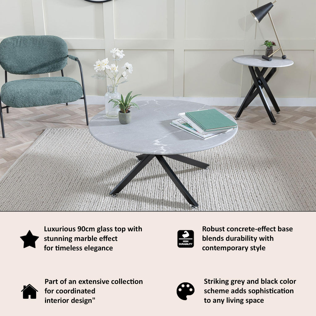 Sutton Grey and Black Round Coffee Table - 90cm Glass Top with Concrete Effect