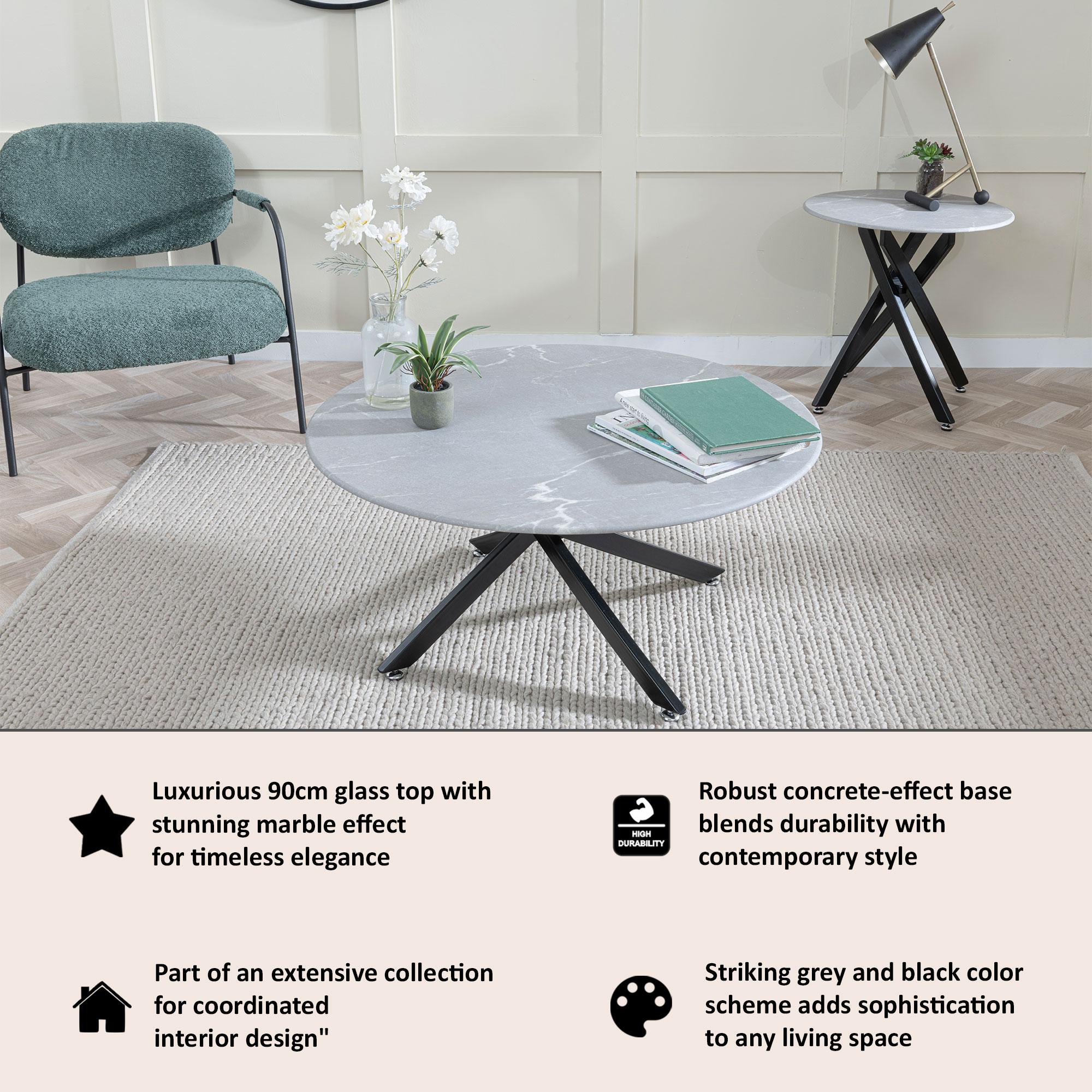 Sutton Grey and Black Round Coffee Table - 90cm Glass Top with Concrete Effect