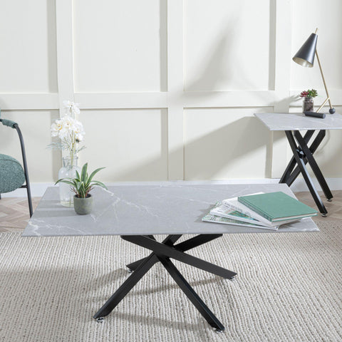 Sutton Grey and Black Coffee Table - 110cm Glass Top with Concrete Effect