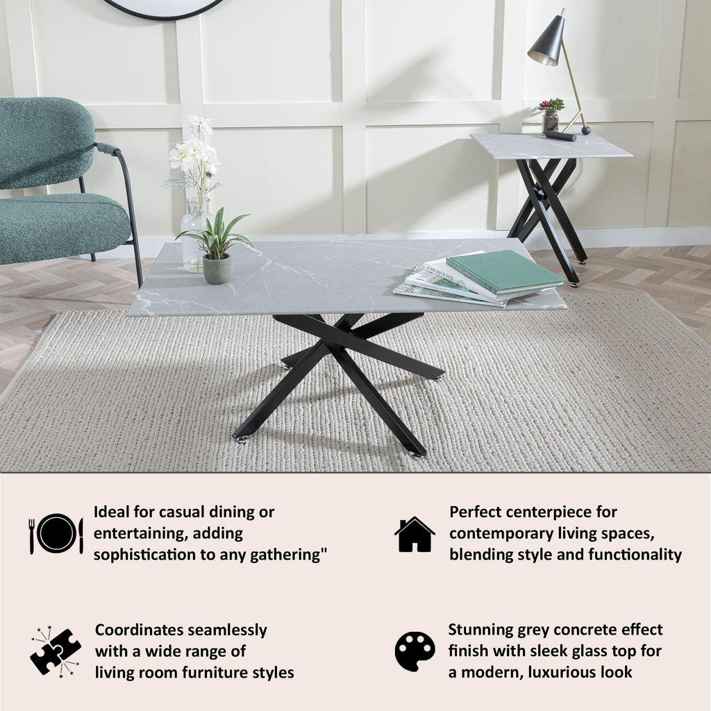 Sutton Grey and Black Coffee Table - 110cm Glass Top with Concrete Effect