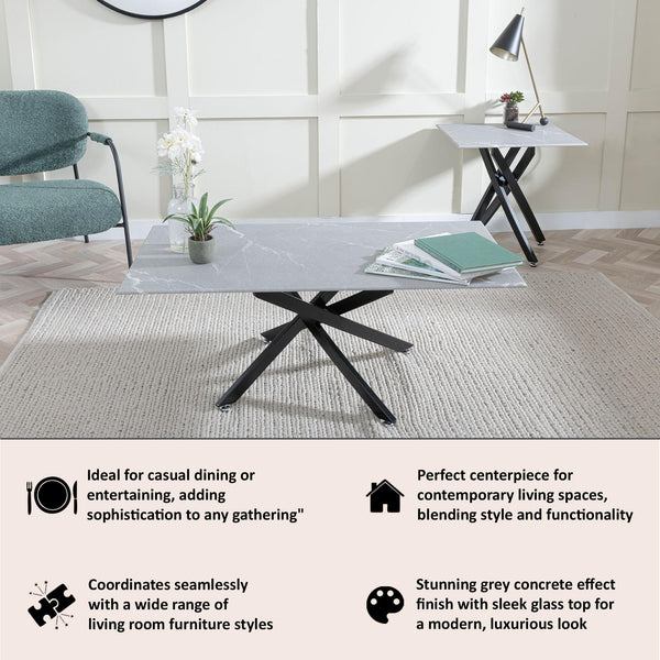 Sutton Grey and Black Coffee Table - 110cm Glass Top with Concrete Effect