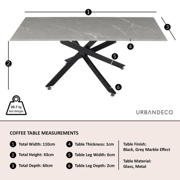 Sutton Grey and Black Coffee Table - 110cm Glass Top with Concrete Effect