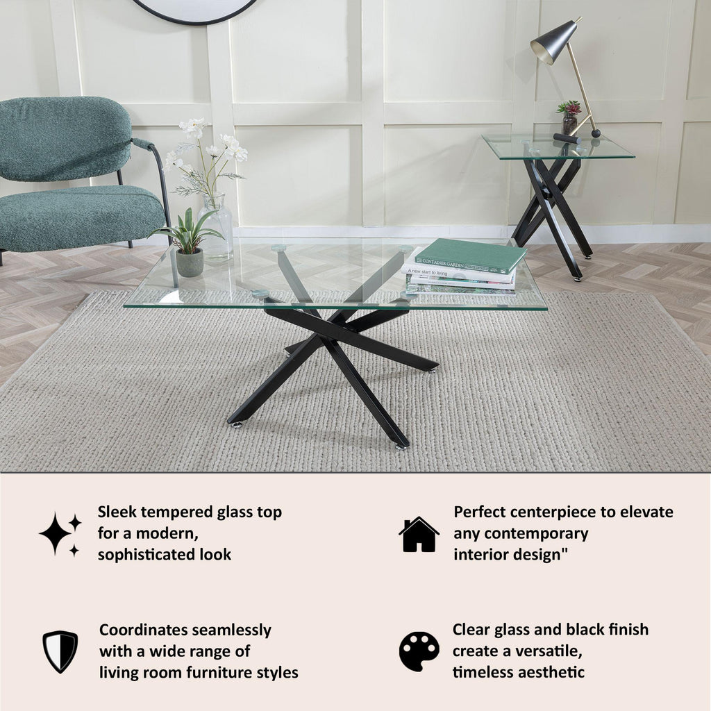 Sutton Clear Glass and Black Coffee Table - 110cm Tempered Top