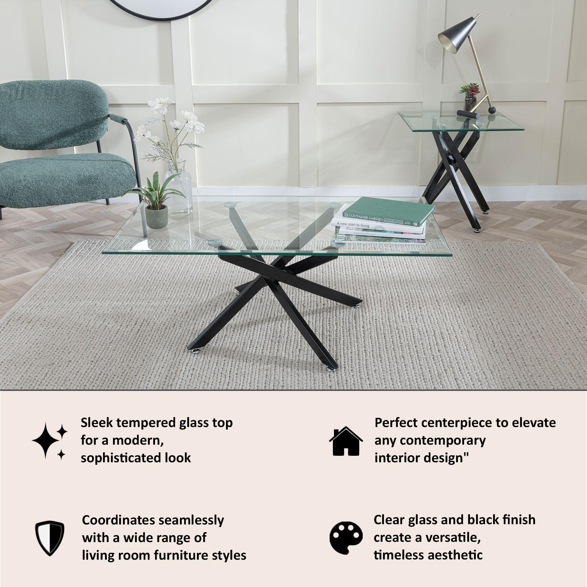 Sutton Clear Glass and Black Coffee Table - 110cm Tempered Top