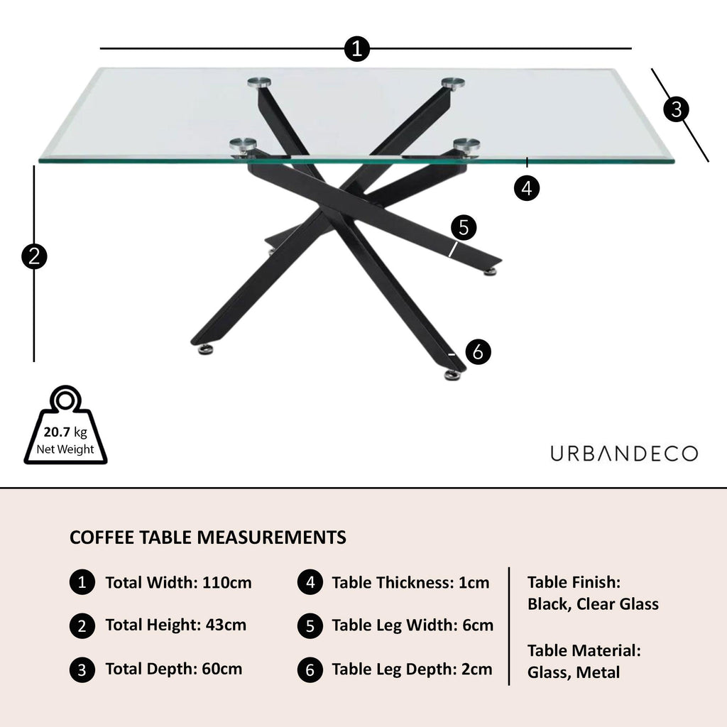 Sutton Clear Glass and Black Coffee Table - 110cm Tempered Top