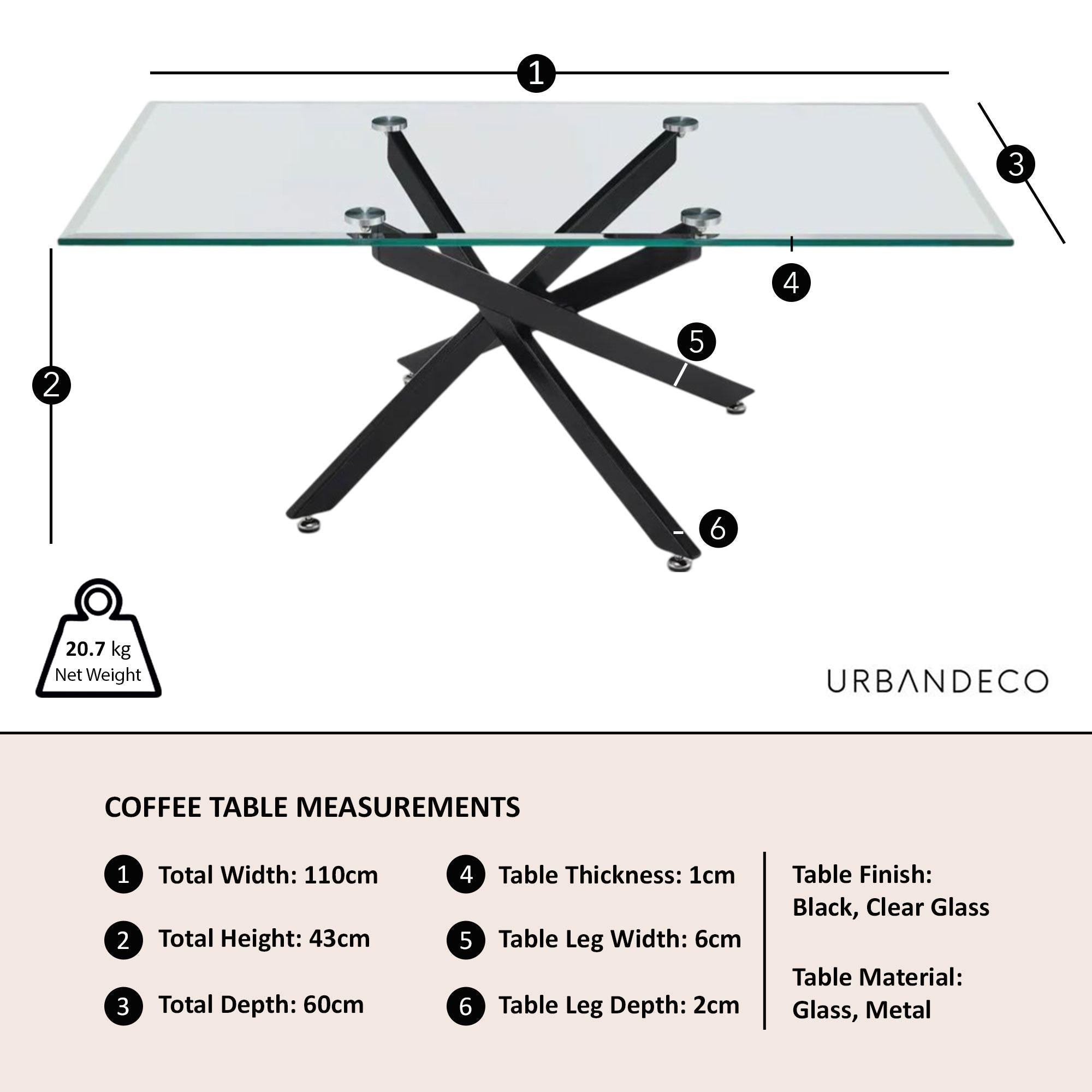 Sutton Clear Glass and Black Coffee Table - 110cm Tempered Top