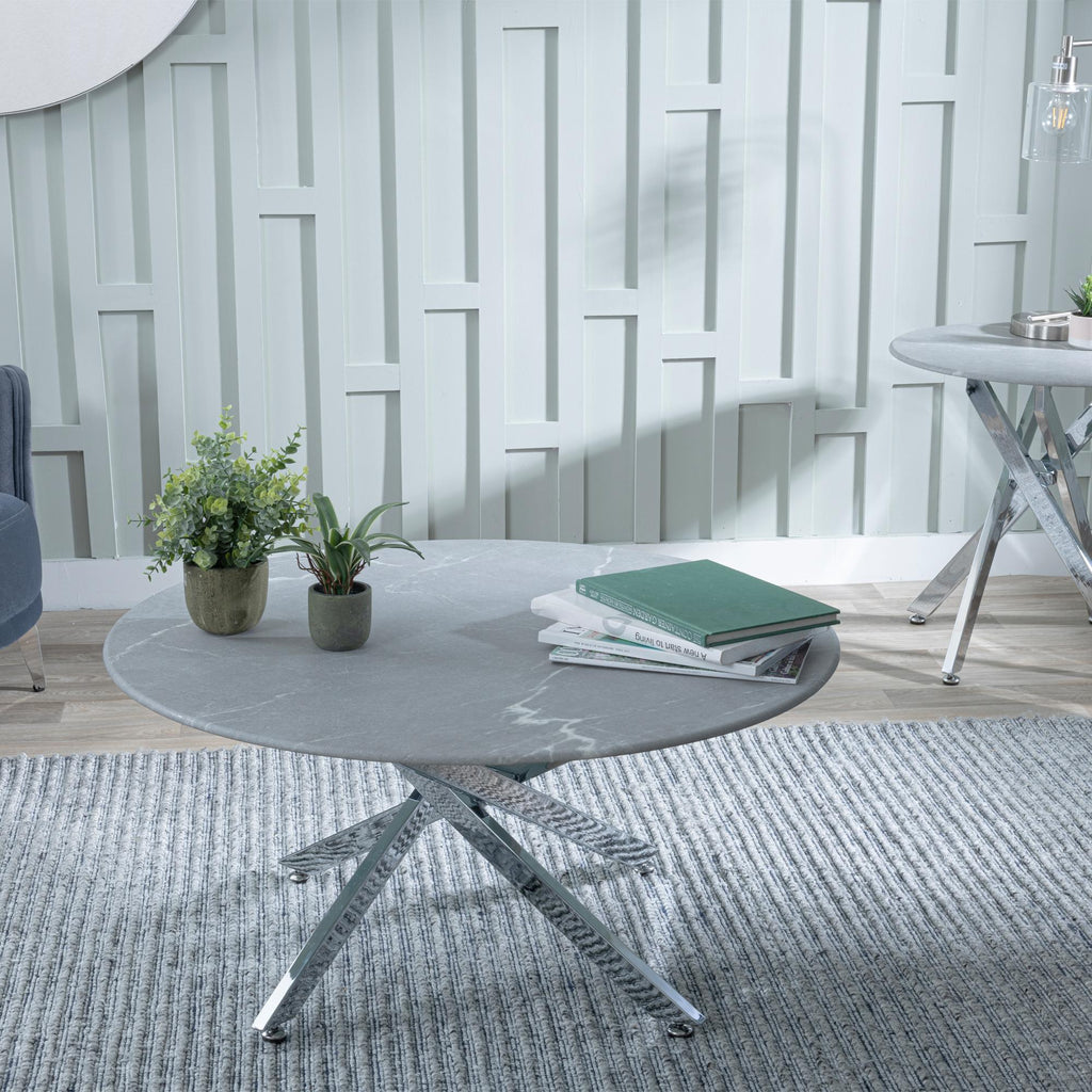 Sutton Grey and Chrome Round Coffee Table - 90cm Glass Top with Concrete Effect