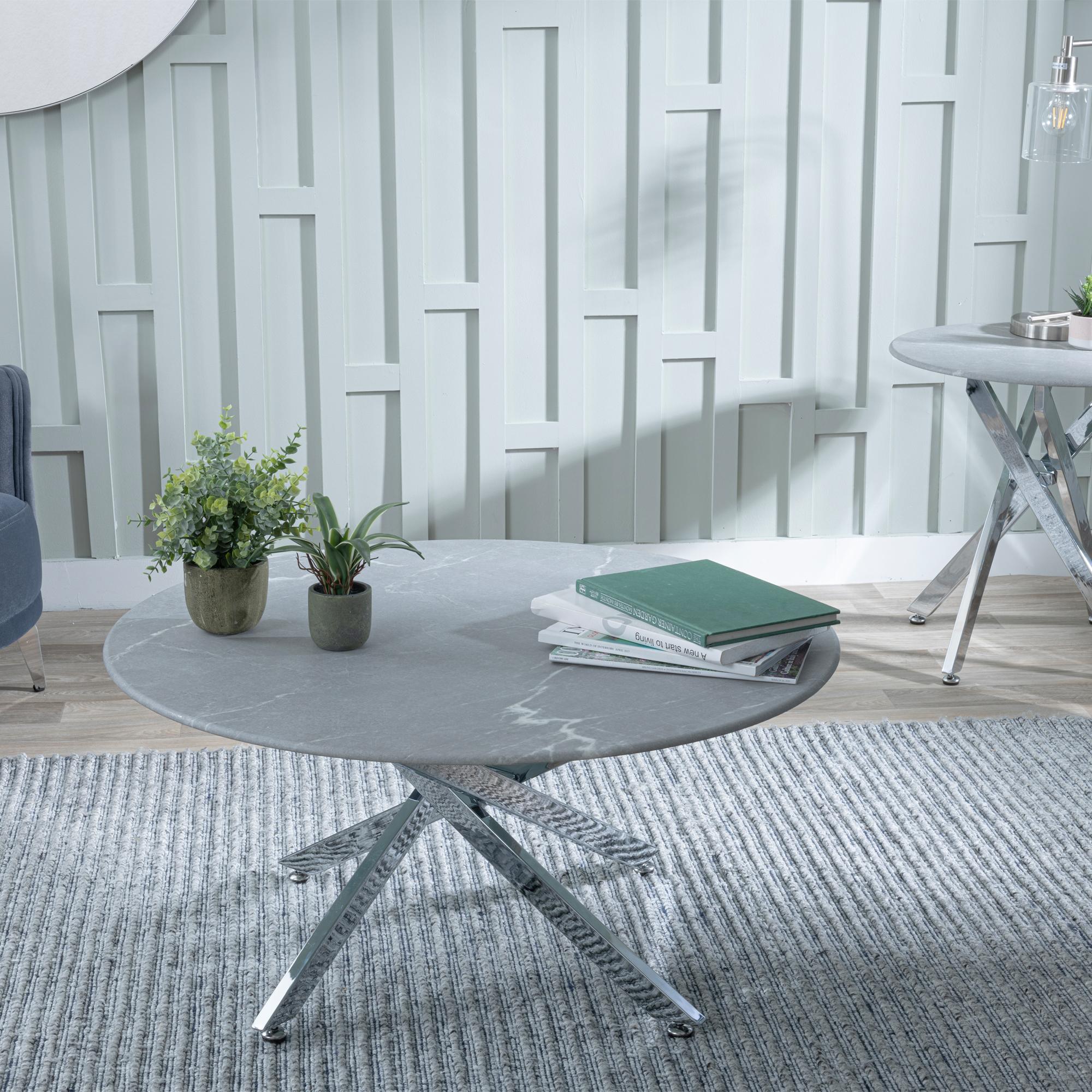 Sutton Grey and Chrome Round Coffee Table - 90cm Glass Top with Concrete Effec