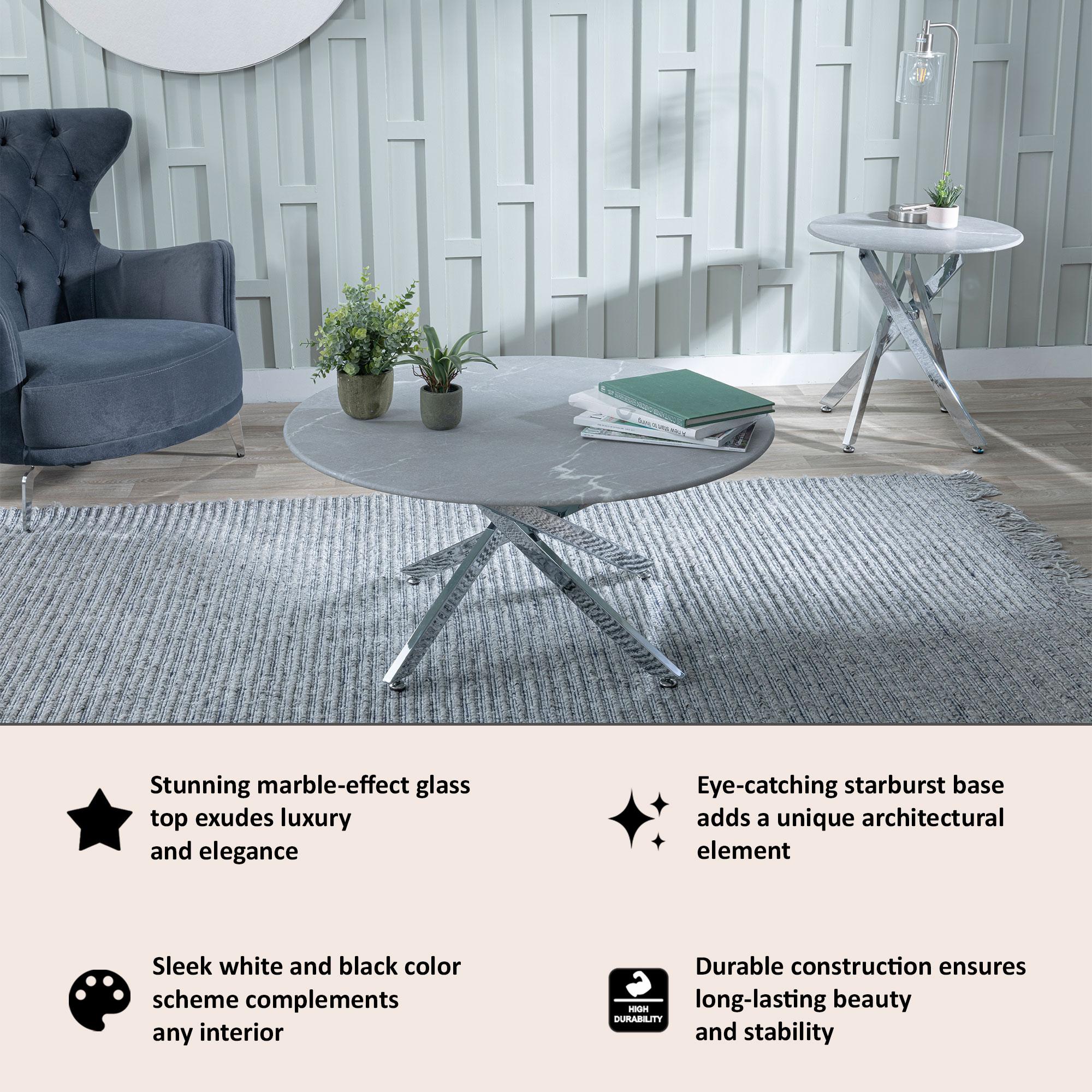 Sutton Grey and Chrome Round Coffee Table - 90cm Glass Top with Concrete Effect