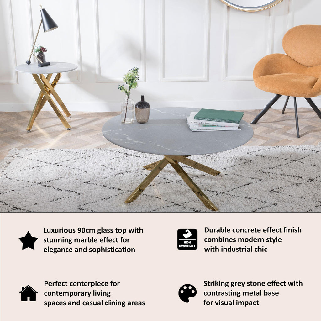 Sutton Grey and Gold Round Coffee Table - 90cm Glass Top with Concrete Effect