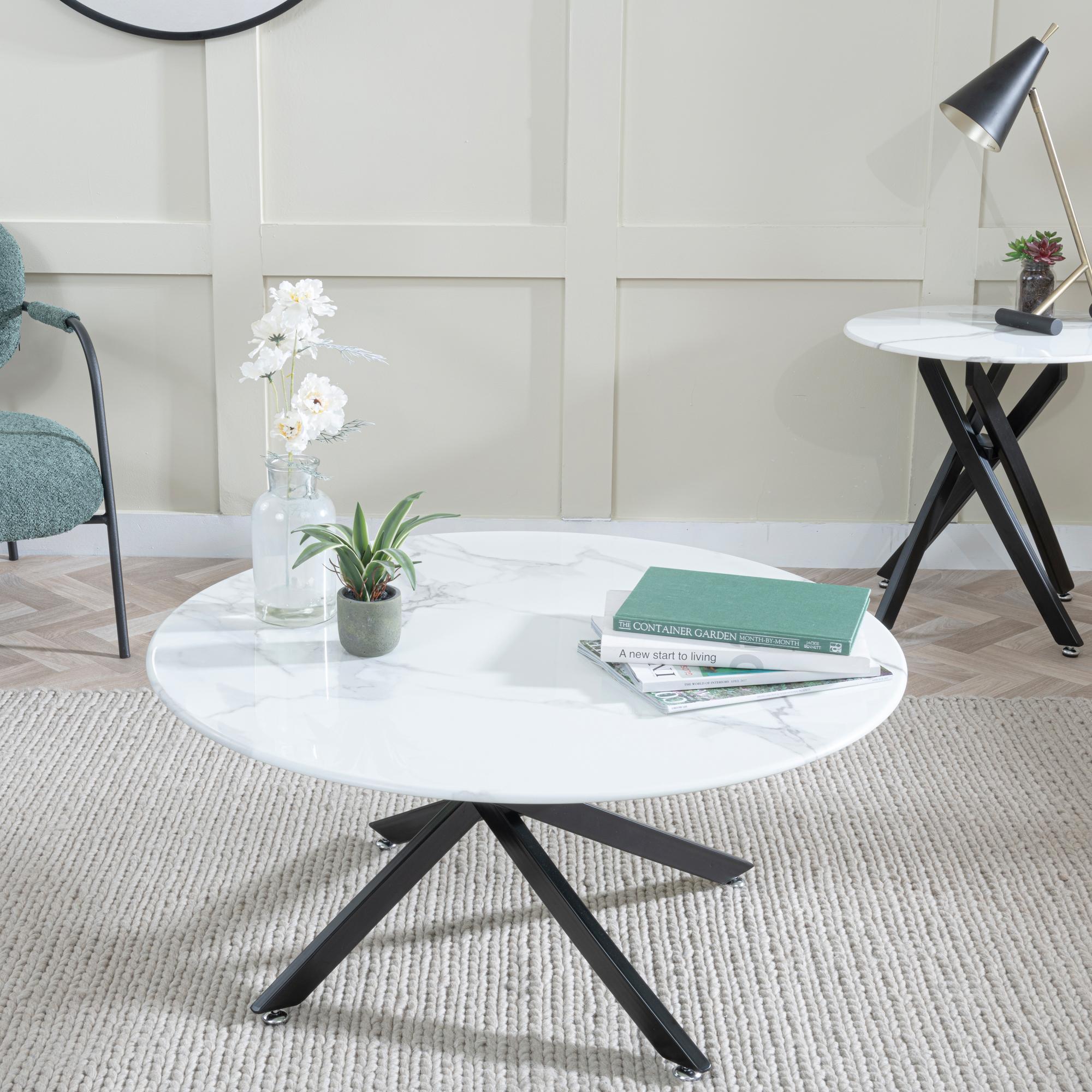 Sutton White and Black Round Coffee Table - 90cm Glass Top with Marble Effect