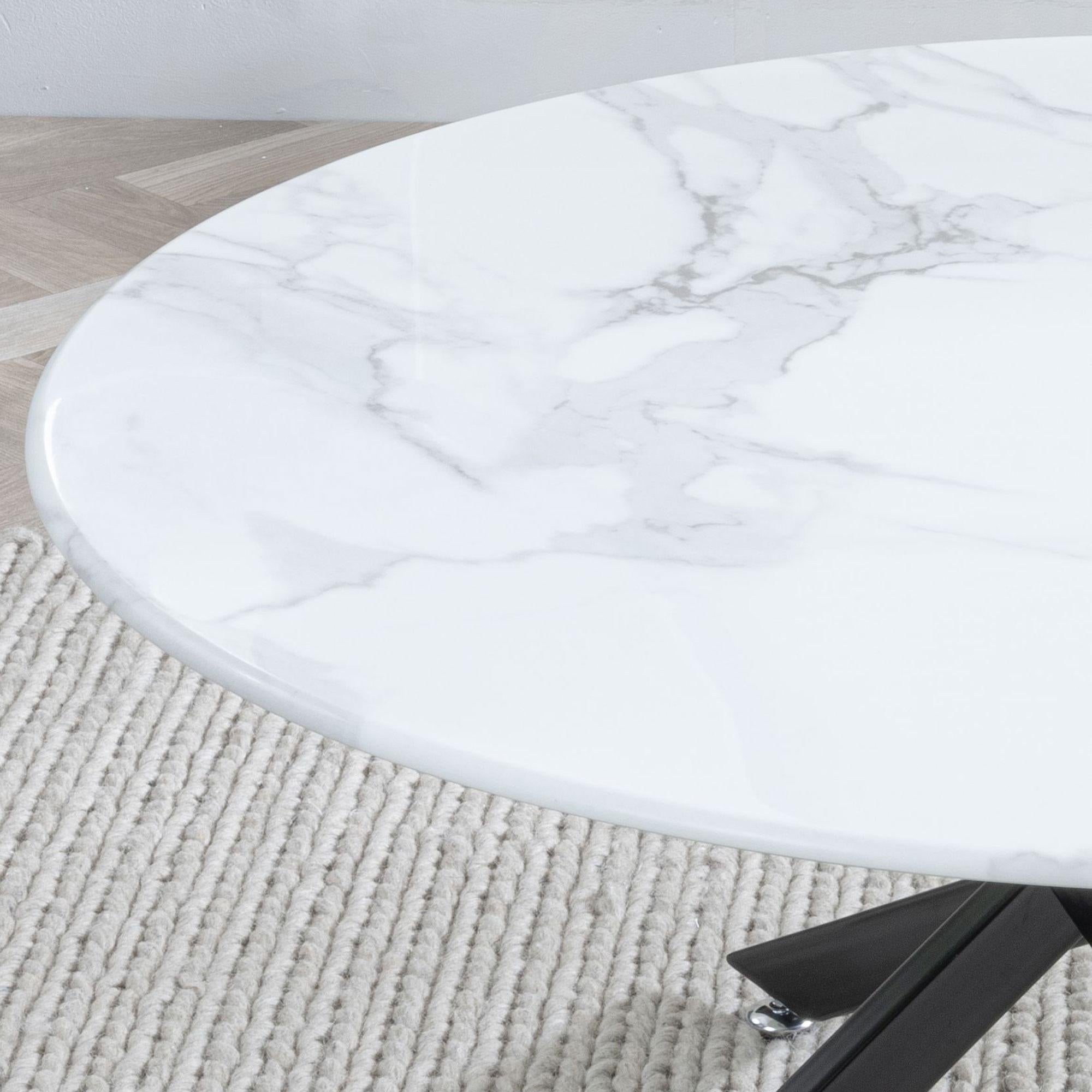 Sutton White and Black Round Coffee Table - 90cm Glass Top with Marble Effect