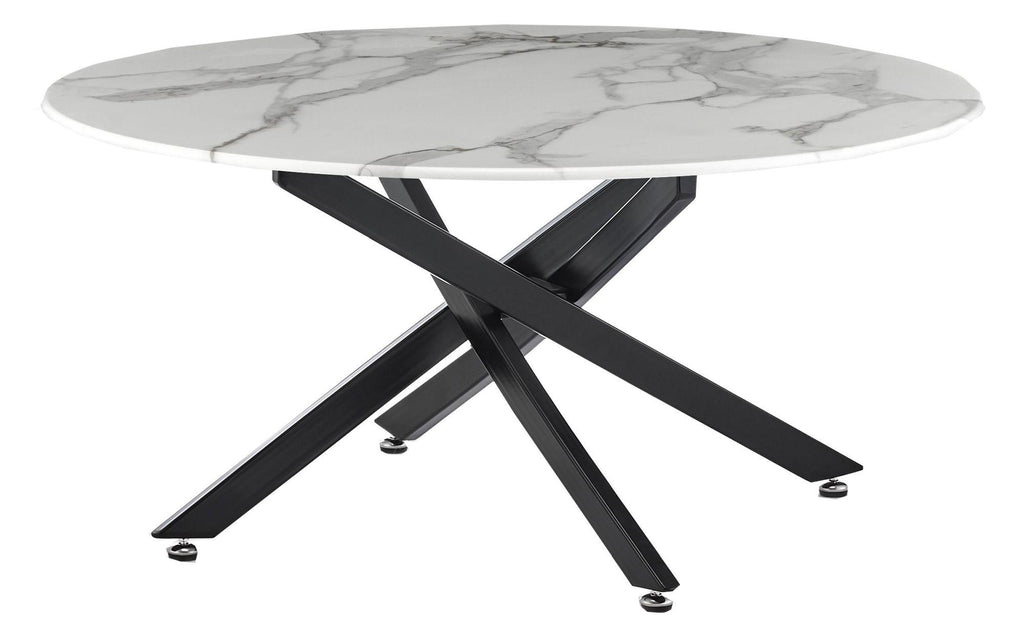 Sutton White and Black Round Coffee Table - 90cm Glass Top with Marble Effect