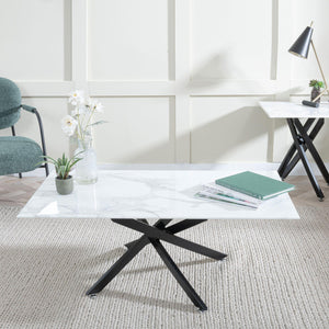 Sutton White and Black Coffee Table - 110cm Glass Top with Marble Effect
