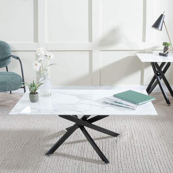 Sutton White and Black Coffee Table - 110cm Glass Top with Marble Effect