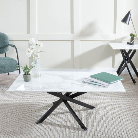 Sutton White and Black Coffee Table - 110cm Glass Top with Marble Effect