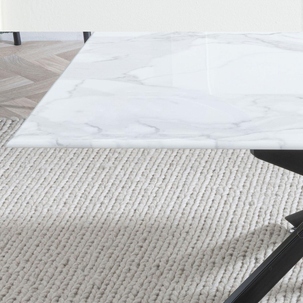 Sutton White and Black Coffee Table - 110cm Glass Top with Marble Effect