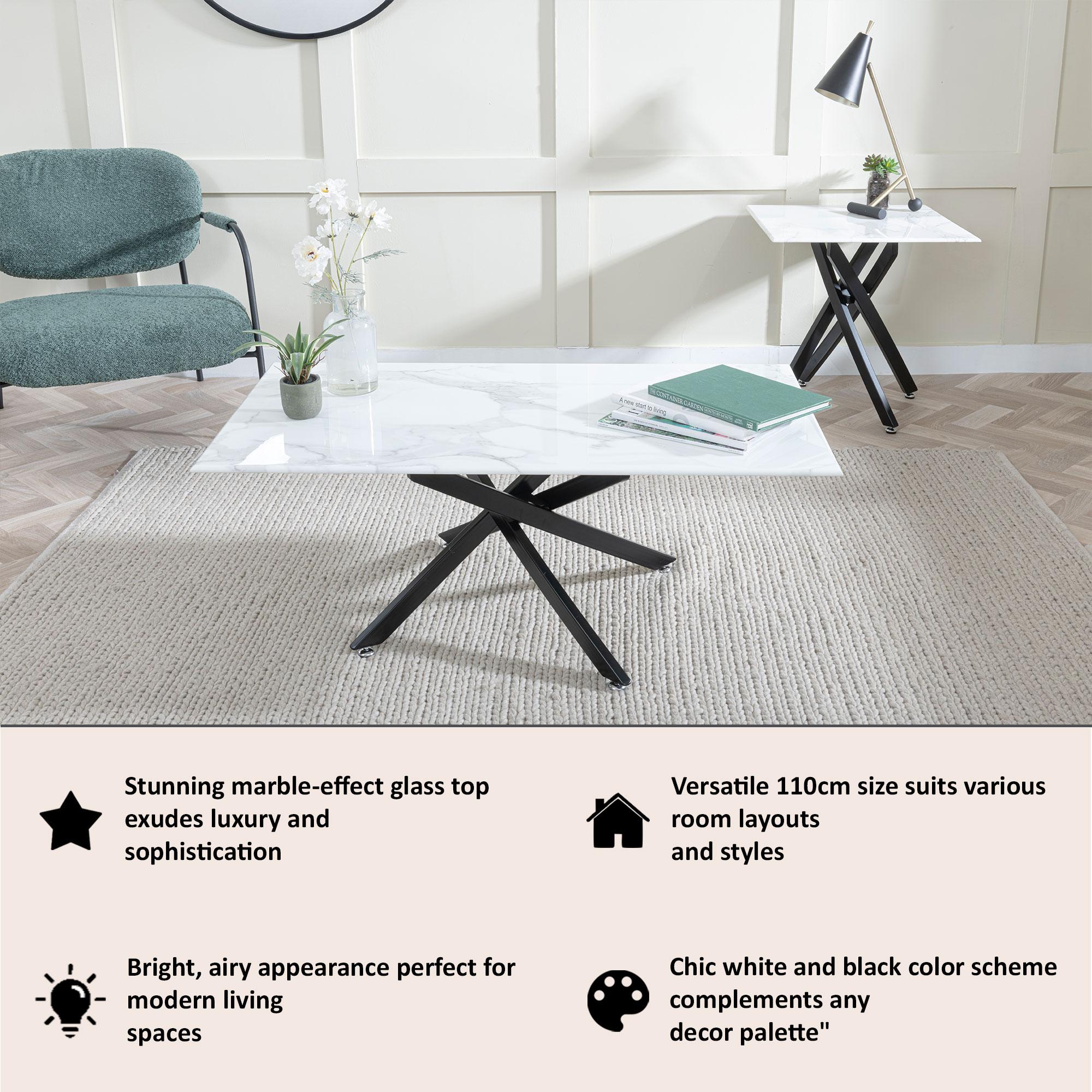 Sutton White and Black Coffee Table - 110cm Glass Top with Marble Effect