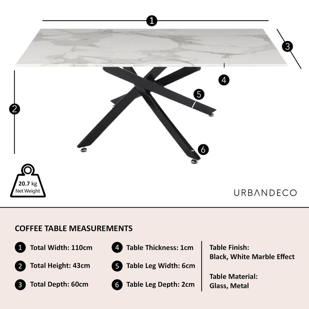Sutton White and Black Coffee Table - 110cm Glass Top with Marble Effect