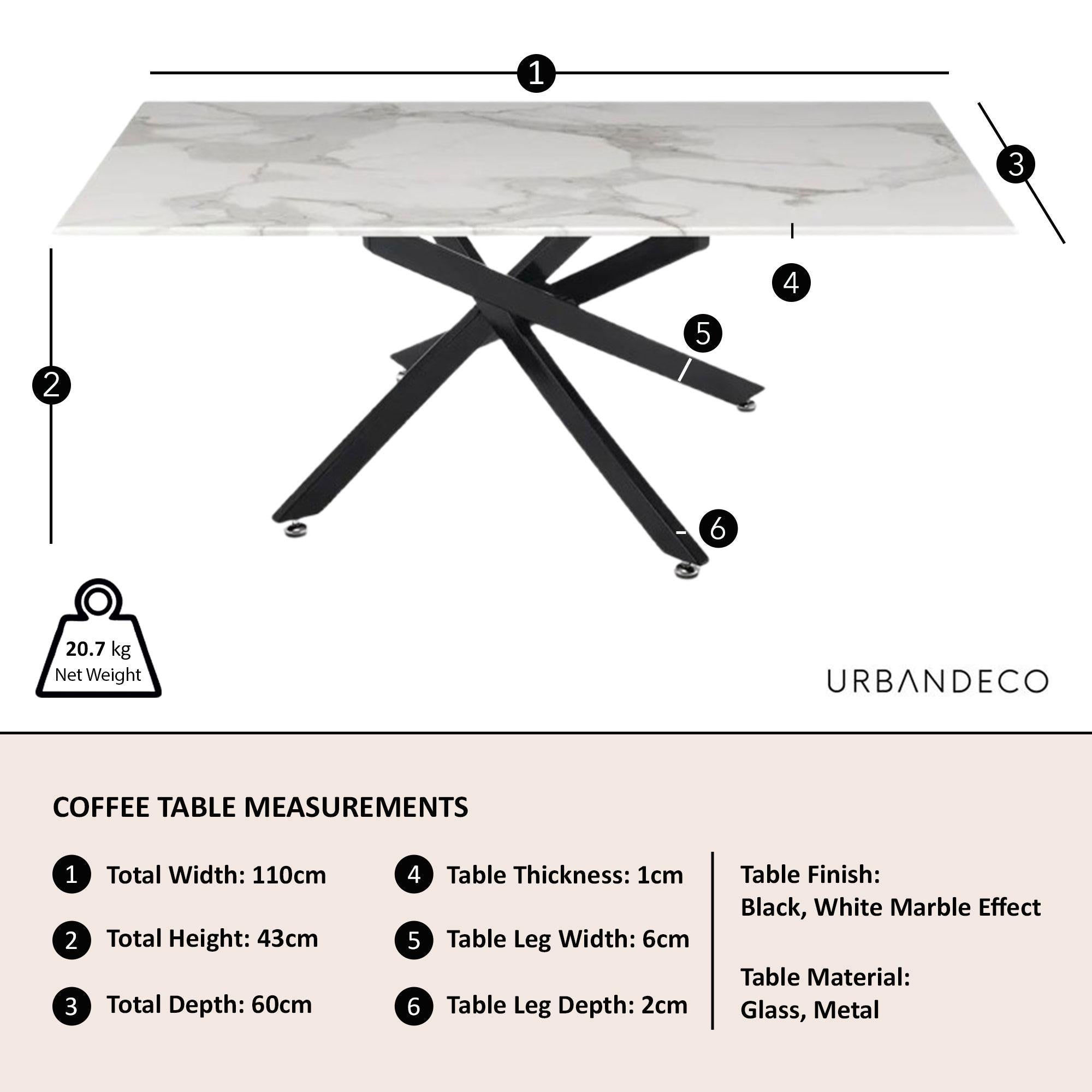 Sutton White and Black Coffee Table - 110cm Glass Top with Marble Effect