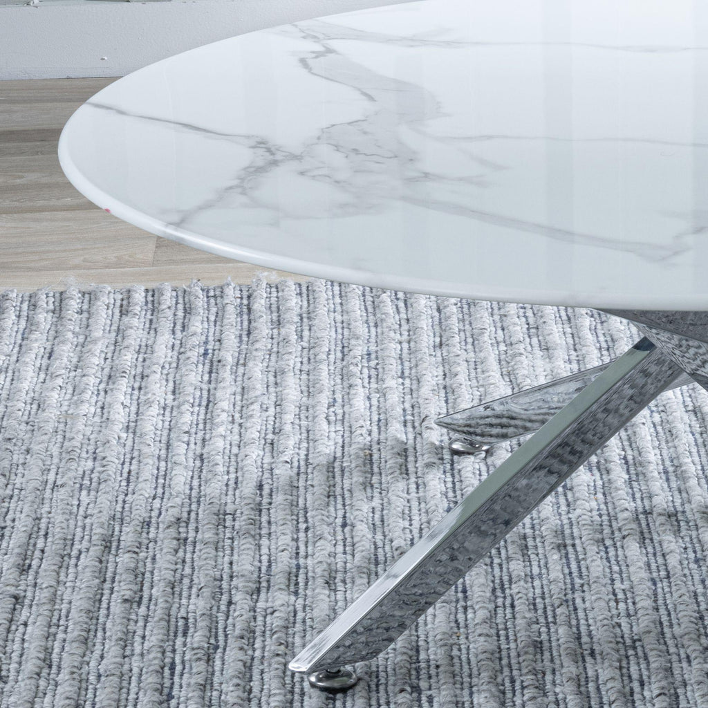 Sutton White and Chrome Round Coffee Table - 90cm Glass Top with Marble Effect