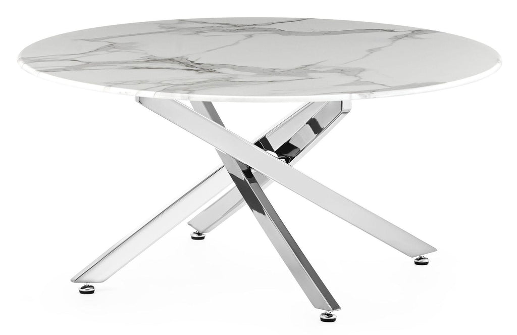 Sutton White and Chrome Round Coffee Table - 90cm Glass Top with Marble Effect