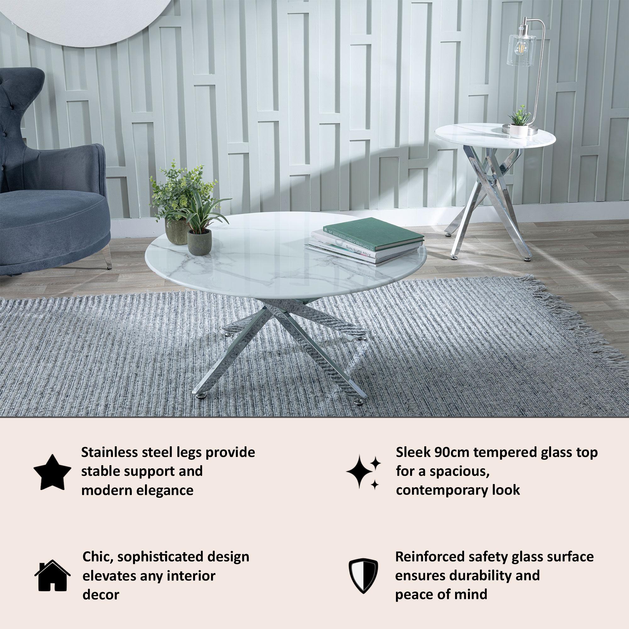 Sutton White and Chrome Round Coffee Table - 90cm Glass Top with Marble Effect