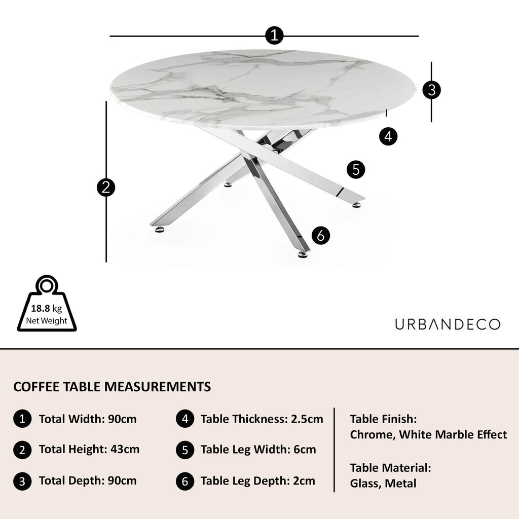 Sutton White and Chrome Round Coffee Table - 90cm Glass Top with Marble Effect