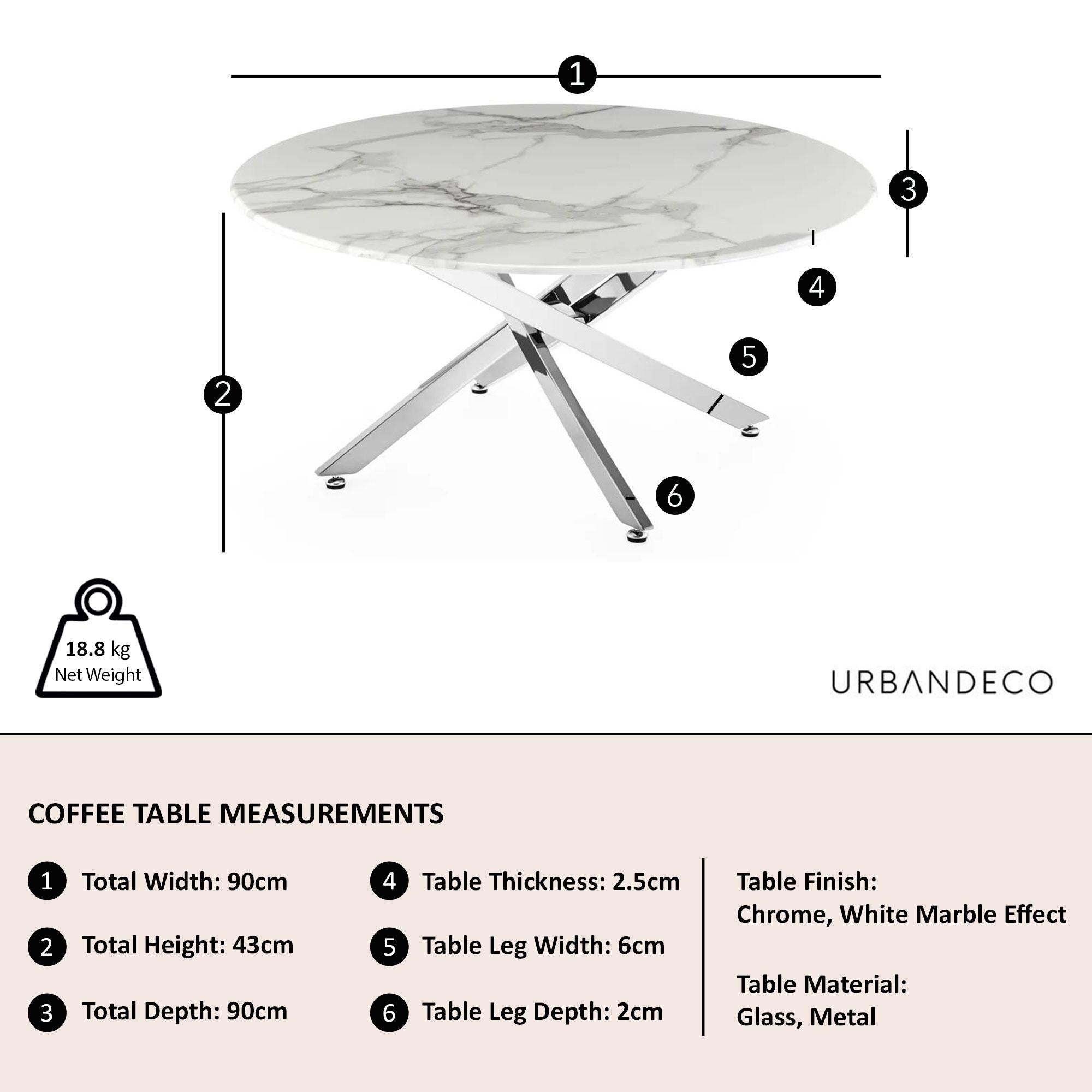 Sutton White and Chrome Round Coffee Table - 90cm Glass Top with Marble Effect