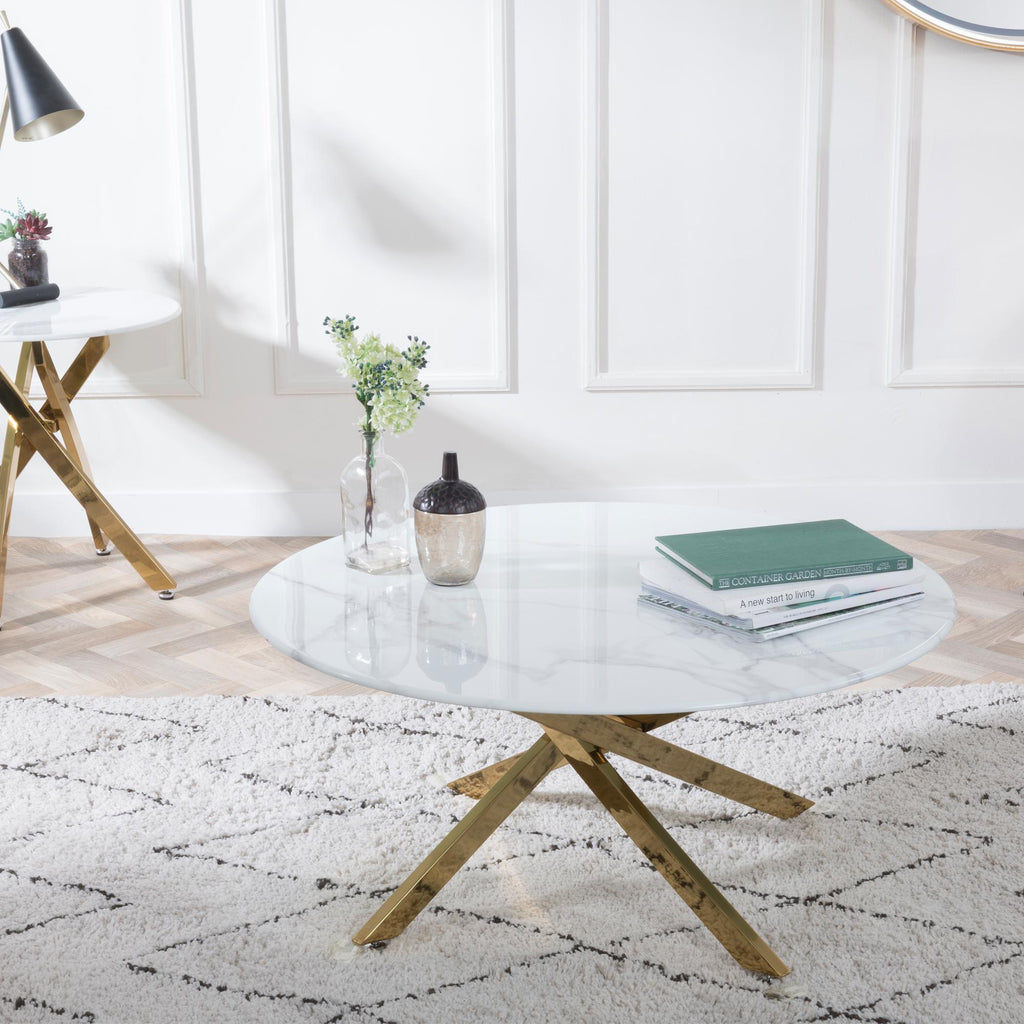 Sutton White and Gold Round Coffee Table - 90cm Glass Top with Marble Effect
