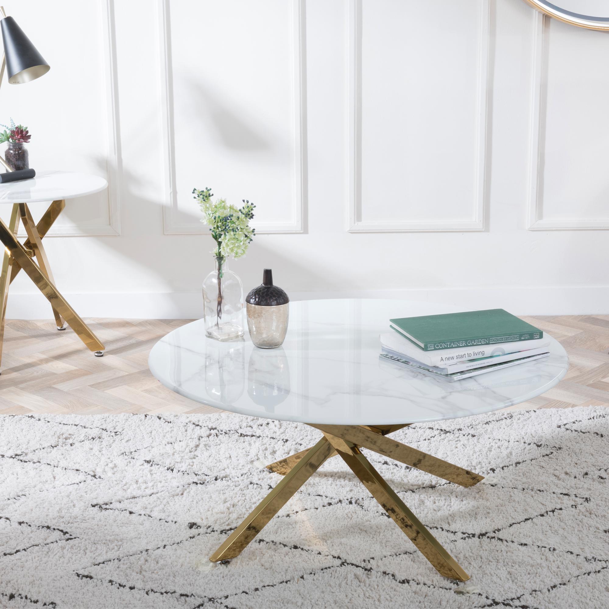 Sutton White and Gold Round Coffee Table - 90cm Glass Top with Marble Effect