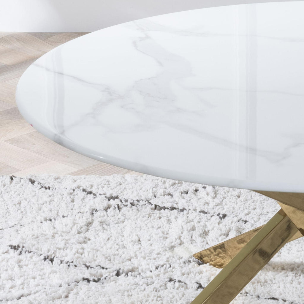 Sutton White and Gold Round Coffee Table - 90cm Glass Top with Marble Effect