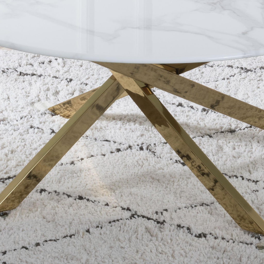 Sutton White and Gold Round Coffee Table - 90cm Glass Top with Marble Effect