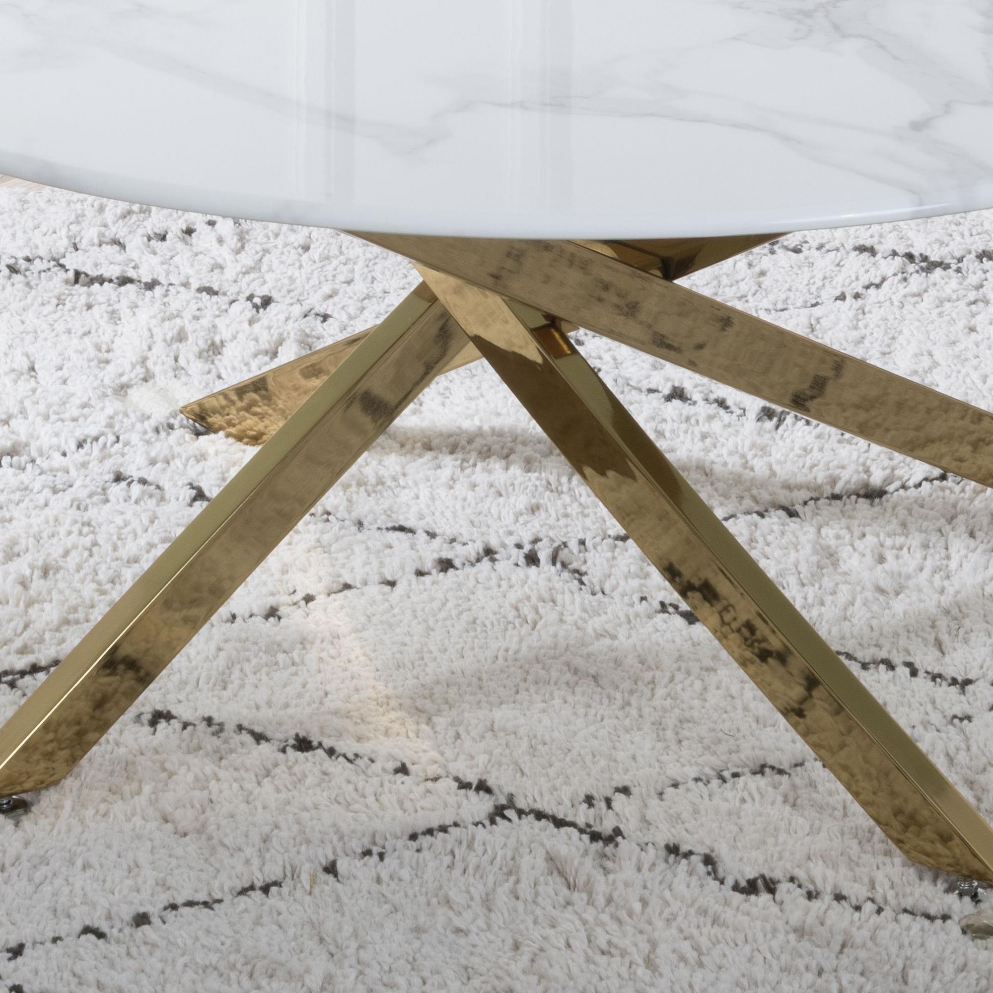 Sutton White and Gold Round Coffee Table - 90cm Glass Top with Marble Effect