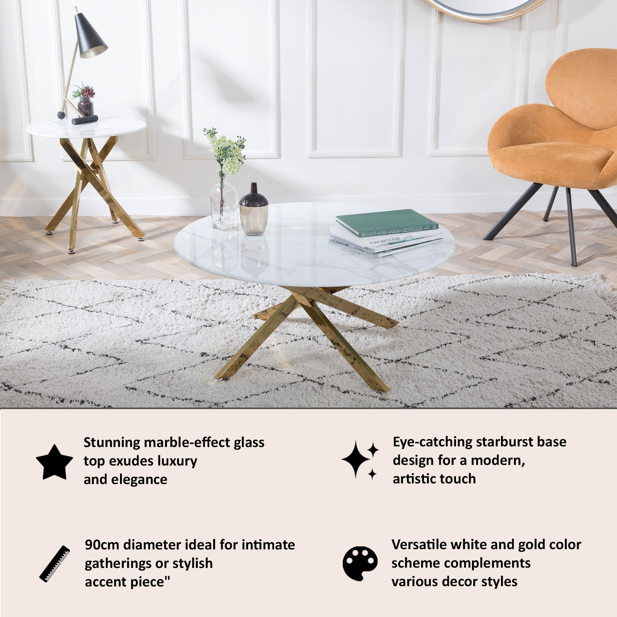 Sutton White and Gold Round Coffee Table - 90cm Glass Top with Marble Effect