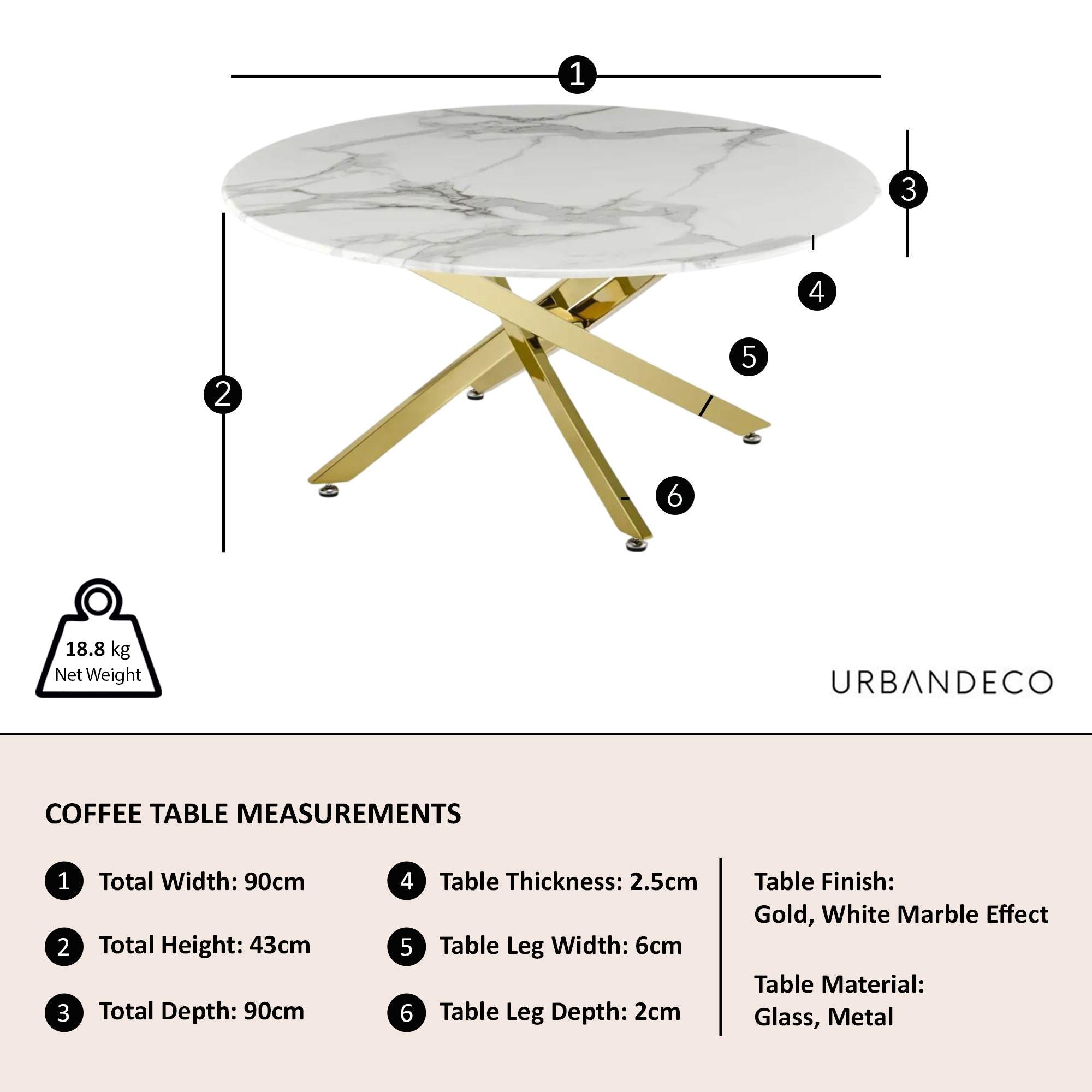 Sutton White and Gold Round Coffee Table - 90cm Glass Top with Marble Effect
