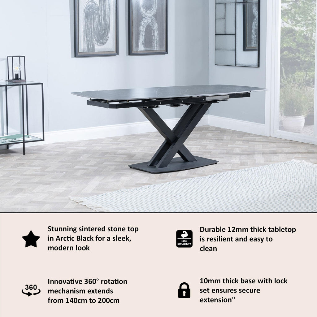 Atlanta Black Sintered Stone Extending Dining Table with Black Cross Base - 140cm-200cm