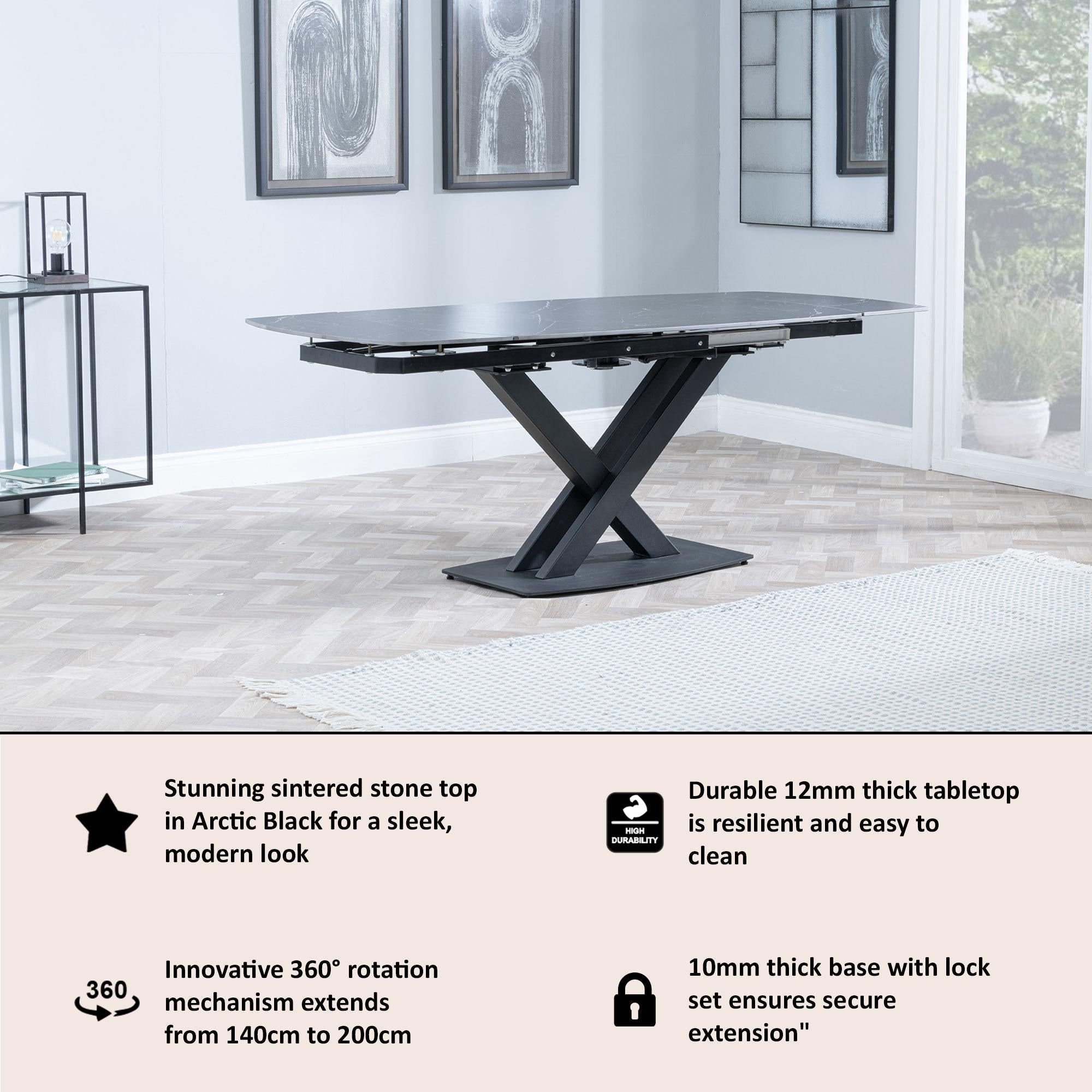 Atlanta Black Sintered Stone Extending Dining Table with Black Cross Base - 140cm-200cm