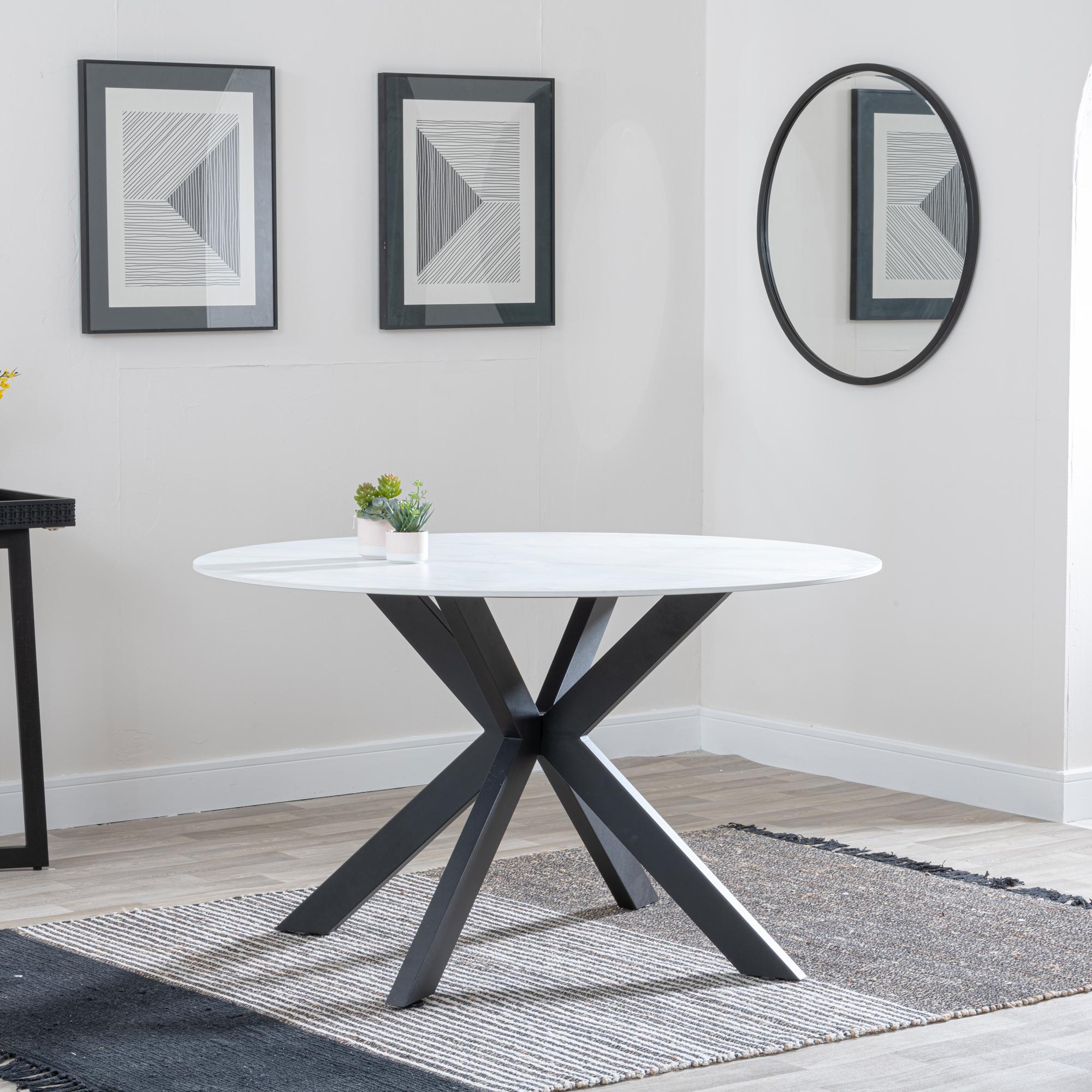 Avesta 130cm White Sintered Stone Round Dining Table with Black Star Base