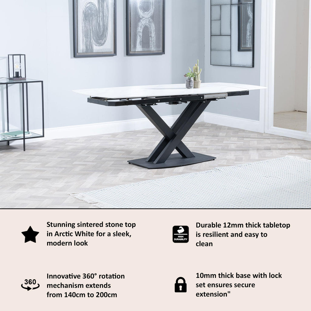 Atlanta White Sintered Stone Extending Dining Table with Black Cross Base - 140cm-200cm