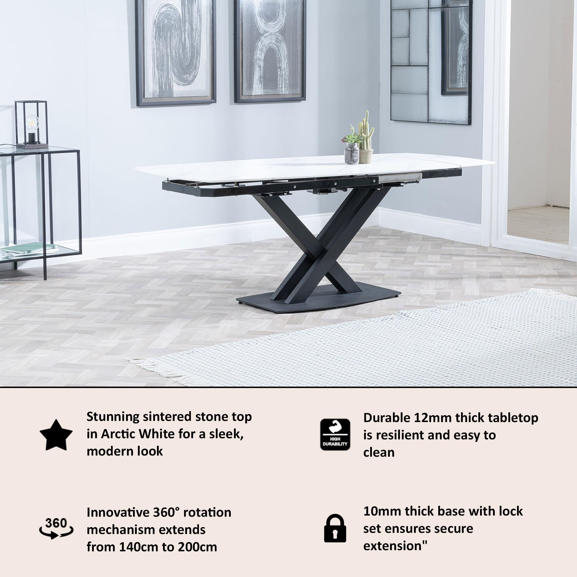 Atlanta White Sintered Stone Extending Dining Table with Black Cross Base - 140cm-200cm