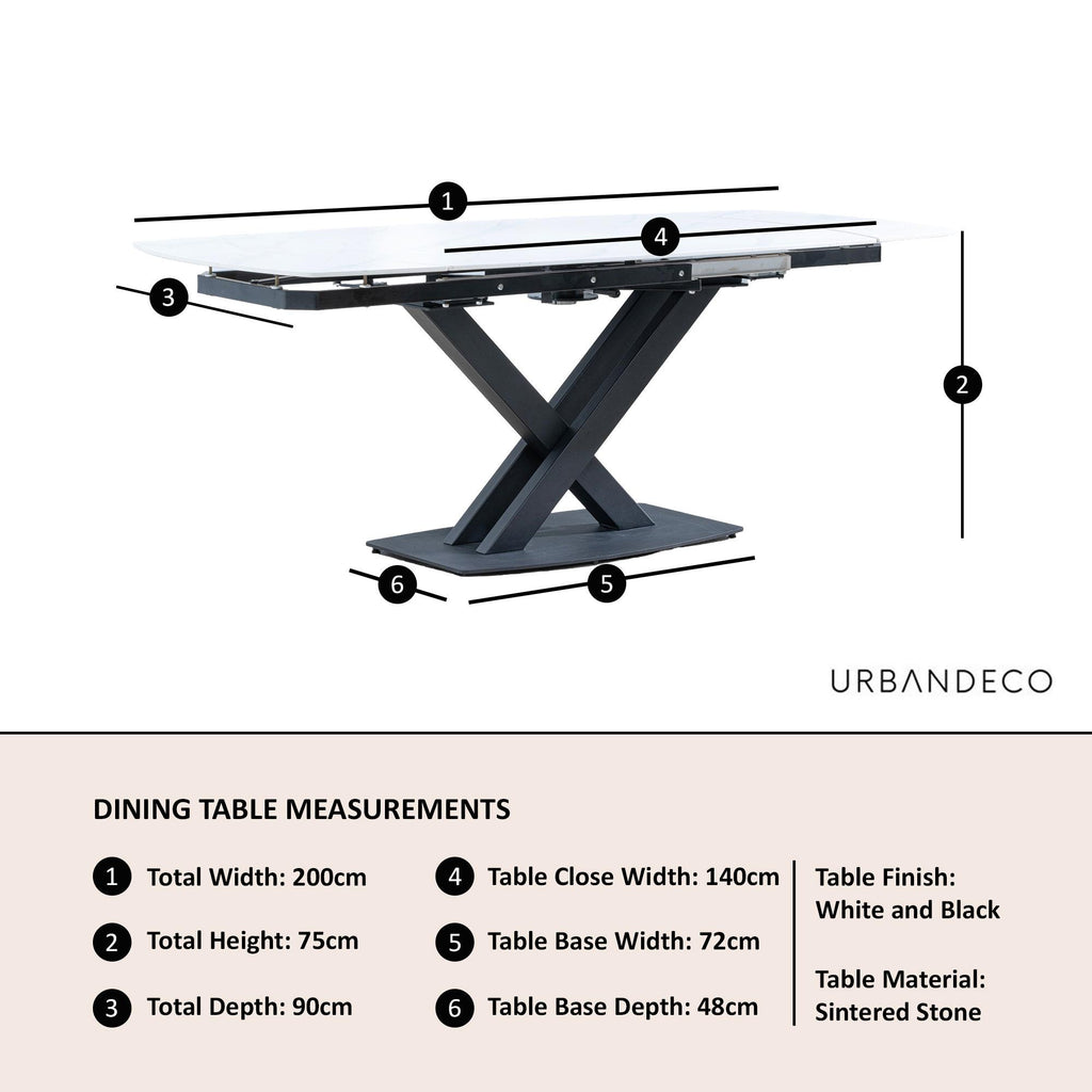 Atlanta White Sintered Stone Extending Dining Table with Black Cross Base - 140cm-200cm