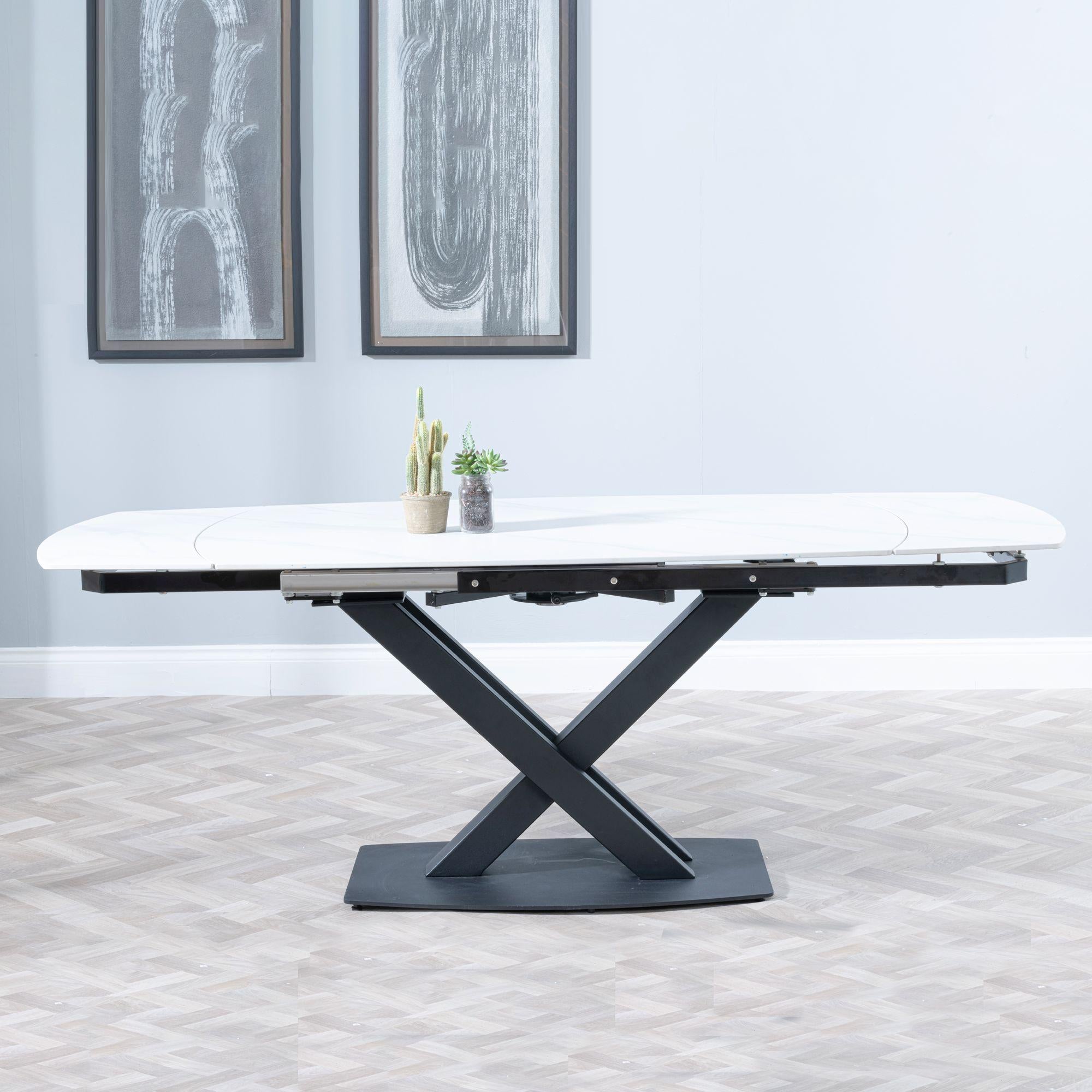 Atlanta White Sintered Stone Extending Dining Table with Black Cross Base - 140cm-200cm